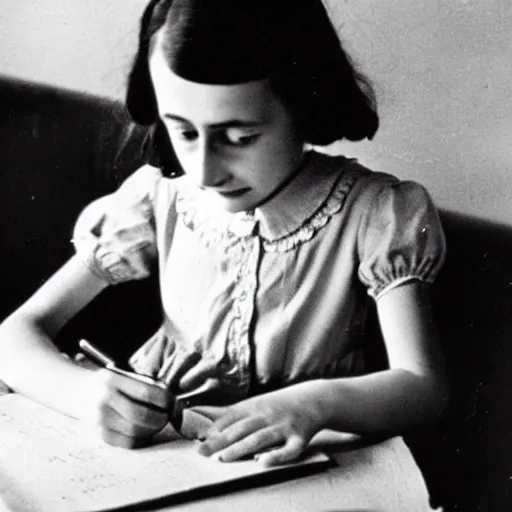 Image similar to A color photograph of Anne Frank writing in her diary