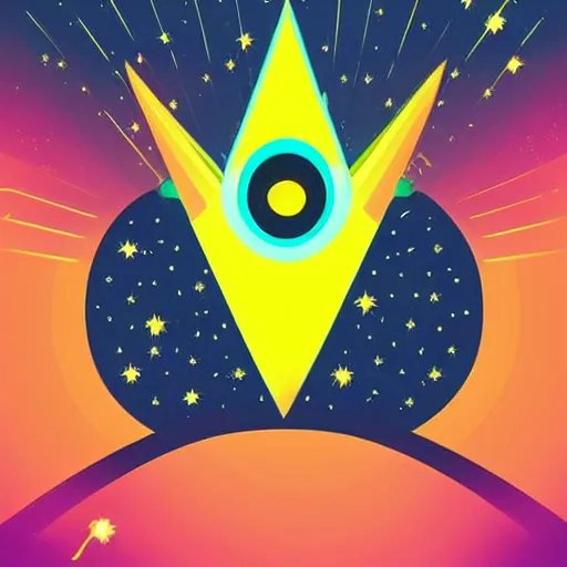 Image similar to a glowing crown sitting on a table with one large beautiful eye on top of it like a jewel, stars on top of the crown, night time, vast cosmos, geometric light rays exploding outwards into stars, sharp bold black lines, flat colors, minimal psychedelic 1 9 5 0 s poster illustration