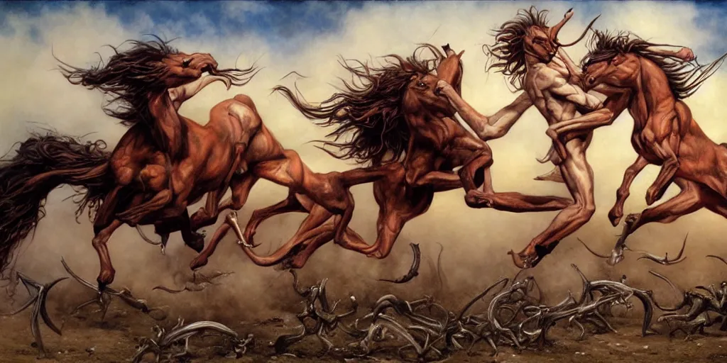 Image similar to centaurs fighting by gerald brom, hyper realistic