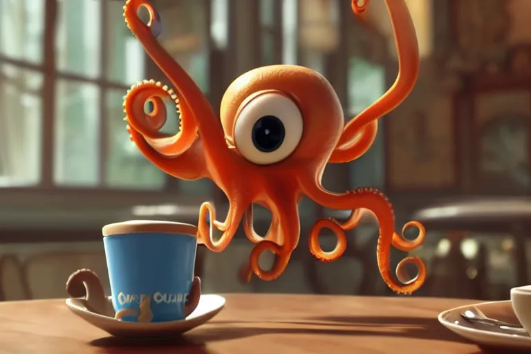 Image similar to Funny little octopus crawling out from a cup of coffee in beautiful morning café in Paris. Pixar Disney 4K 3d render funny animation movie Oscar winning trending on ArtStation and Behance. Ratatouille style.