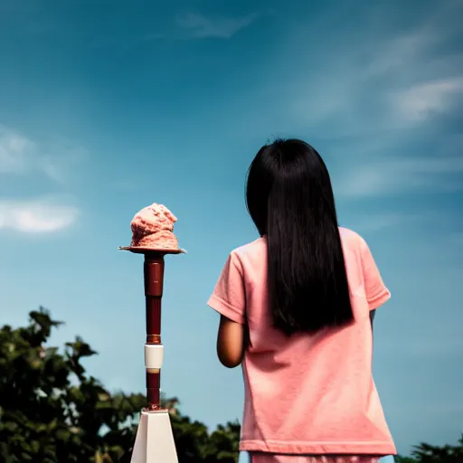 Prompt: an asian girl looking at the sky while having a chocolate ice cream canon eos 5 d mark iv