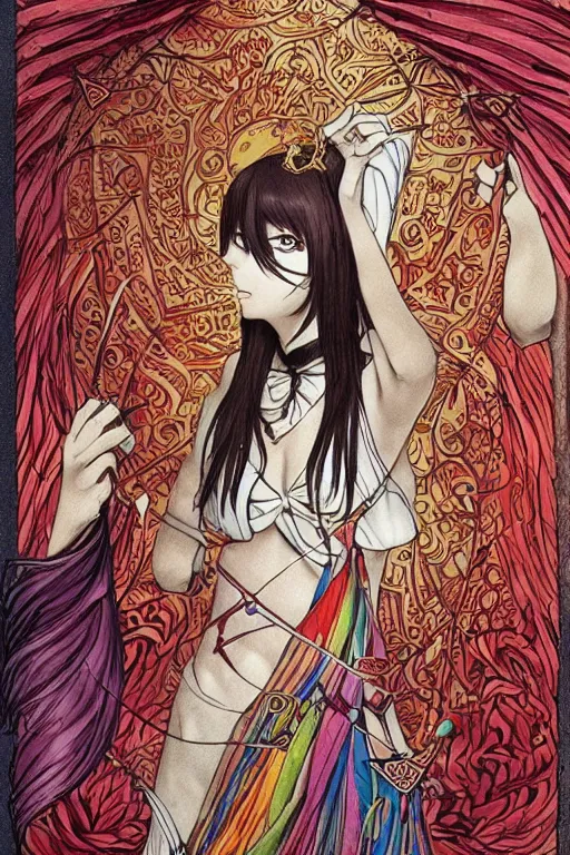 Image similar to makise kurisu, intricate, amazing line work, colorful, tarot cards, the devil tarot card