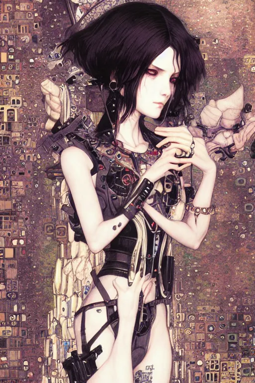 Image similar to portrait of beautiful young gothic maiden, cyberpunk, Warhammer, highly detailed, artstation, illustration, art by Gustav Klimt and Range Murata and Ilya Kuvshinov and Katsuya Terada