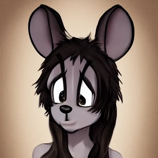 Image similar to headshot of young female furry, D&D, cute, fantasy, intricate, long hair, dark grey skin, mouse face, mouse nose, dark skin, mouse head, mouse ears, black hair, elegant, highly detailed, cartoony, artstation, concept art, smooth, sharp focus, illustration, art by Diives