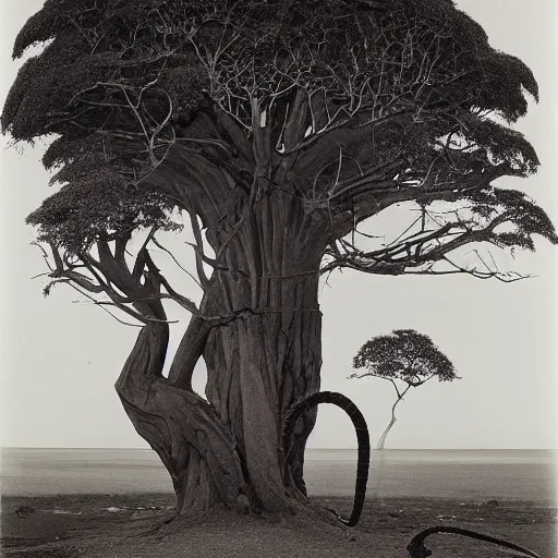 Prompt: by brett weston, by paul gustave fischer delicate, highly detailed. a computer art of a large, looming creature with a long, snake body. many large, sharp teeth, & eyes glow. wrapped around a large tree, bent under the weight. small figure in foreground, a sword, dwarfed by the size of the creature.