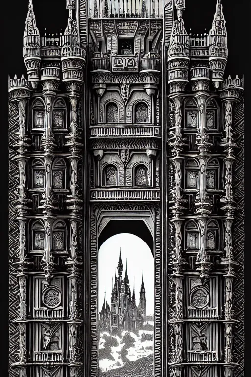 Image similar to ornate open gateway into a majestic castle, high details, intricately detailed, by vincent di fate, inking, 3 color screen print, masterpiece, trending on artstation,, sharp, details, hyper - detailed, hd, 4 k, 8 k