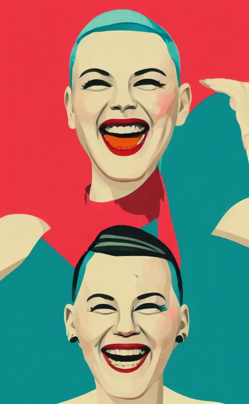 Image similar to illustration portrait of a woman with white buzzcut laughing out loud, art deco painting by tom whalen, funny meme photo, trending on behance, digital illustration, storybook illustration, grainy texture, flat shading, vector art, airbrush, pastel, watercolor, poster