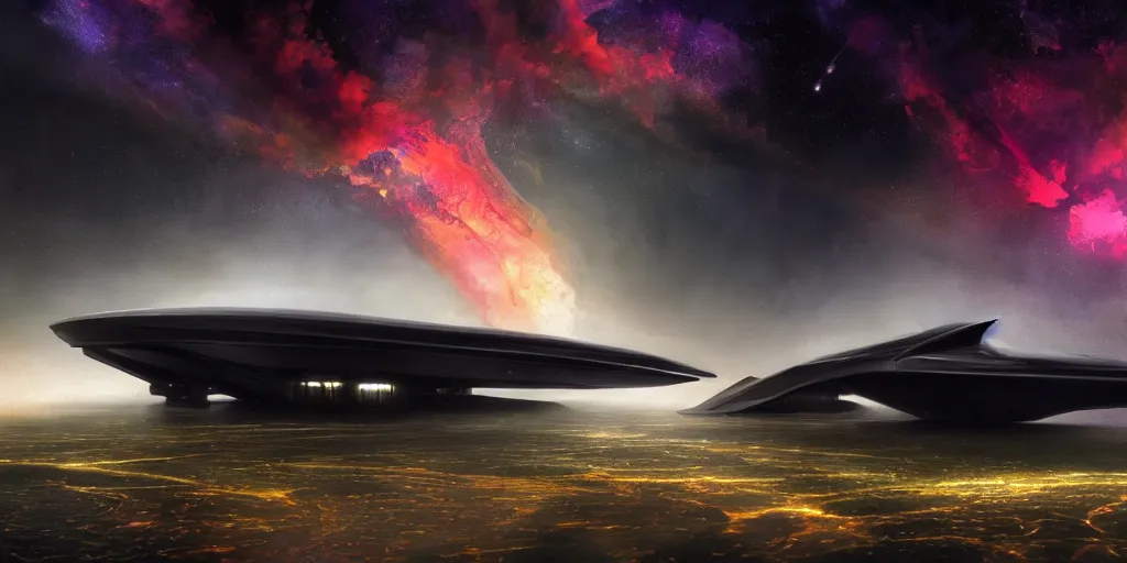 Prompt: a hyper realistic beautiful scene render of a single massive black starship with glowing engraved neon inscriptions and floating in an cosmic nebulae, huge structure, mechanics, electron flow, metal, 3 d render, in the style of christophe vacher and sparth juan gregory crewdson and simon stalenhag paul pepera pablo roldan, 4 k hd