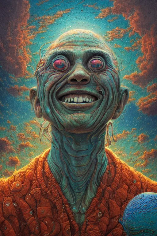 Image similar to 4K Stunningly detailed Ancient Beautiful happy portrait of a Smile inspired in beksinski and dan mumford work, 4K Upscale remixed with Simon Stalenhag work, sitting on the cosmic cloudscape