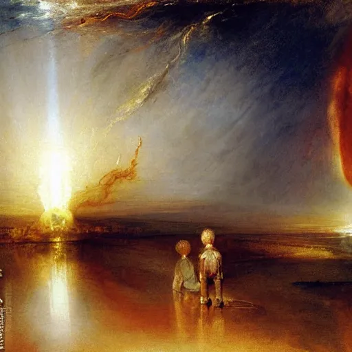 Prompt: a boy and a robot sitting and looking a nuclear explosion from far away, artwork by jmw turner