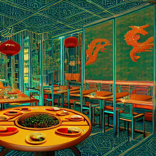 Prompt: a beautiful hyperdetailed interior 4 k hd wallpaper illustration of roasted string hotpot restaurant restaurant yan'an, wall painting, from china, with merchant logo, fine delicate structure, chinese style, victo ngai