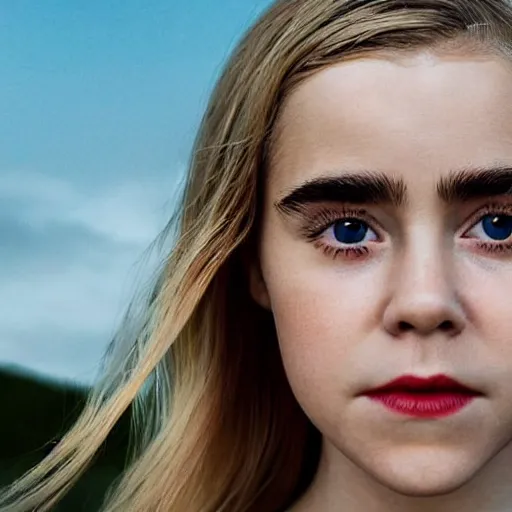 Image similar to close - up photo still of kiernan shipka as sabrina morningstar the witch looking off into the distance, medium - length plantinium blond hair, black dress, golden hour, backlightning, photorealistic, ultra detailed, natural light falling on her face. the focus is on her eyes and brows, fujifilm x - pro 2, by annie leibowitz