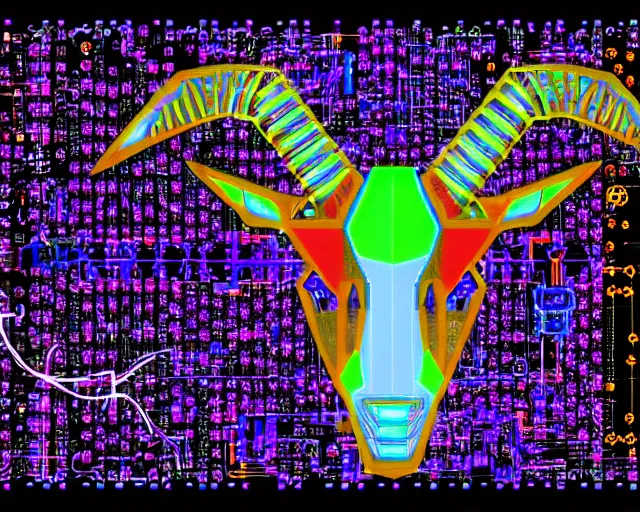 Prompt: cybernetic evil goat head merged with complex circuitry and machinery, multicolored