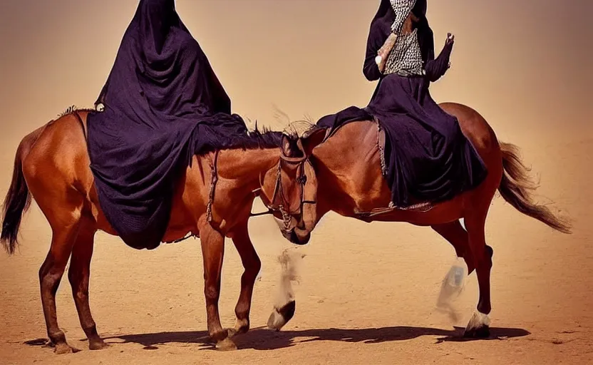 Prompt: beautiful burqa's woman, riding a horse!!! in saharan, sharp eyes, handling riffle on chest, shooting pose, perfect posture, dust, cinematic, dynamic pose, pinterest, center of interest