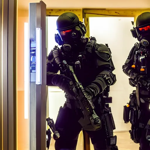 Prompt: a cyberpunk SWAT team breaking down a door, futuristic, 8k, film still s- 150