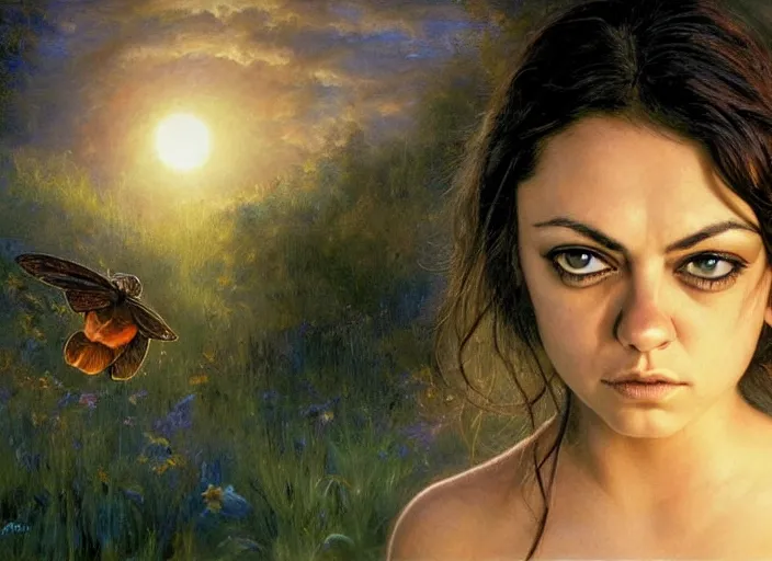 Image similar to big-eyed surprised Mila Kunis staring intensely into the camera, sundown golden hour firefly wisps, Lilia Alvarado, Sophie Anderson, Mark Arian, Bob Byerley, Charlie Bowater, Mark Brooks, Steve Henderson, Justin Gerard, Arthur Hughes, Edward Robert Hughes, Mark Keathley, Victor Nizovtsev, Carlos Shwabe, Ross Tran, WLOP