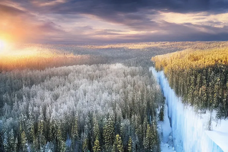 Prompt: areal view of a tall ice wall, spanning across a green forest, fantasy, digital art, brilliant, sunrise