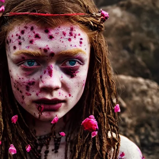 Image similar to 3 5 mm coloured film portrait of sadie sink as aghori sadhu covered in ash creature, hyperrealism, celestial red flowers vibe, photorealistic, detailed, atmospheric, 8 k, award winning photography, cinematic