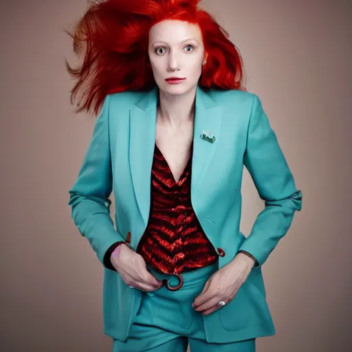 Prompt: a portrait of a beautiful red - haired woman in a turquoise three piece suit. hair light, backlit. medium format photography by annie liebowitz