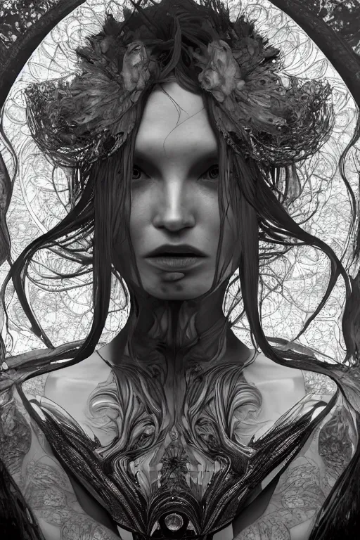 Image similar to a realistic dark photo of a beautiful ancient alien woman goddess kate moss in iris van herpen dress jewelery and fractals in style of alphonse mucha art nuvo dmt trending on artstation made in unreal engine 4