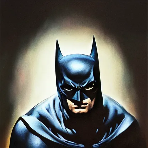 Image similar to An ultra-realistic portrait painting of Batman in the style of Frank Frazetta. 4K. Ultra-realistic. Highly detailed. Dark fantasy. Epic lighting.