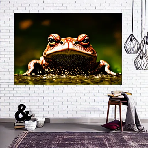 Prompt: deep camouflage angry toad evil eyes poking out eyes from under the water ultra sharp blur background simple background deep brown orange staring into camera poster art full brown national Geographic