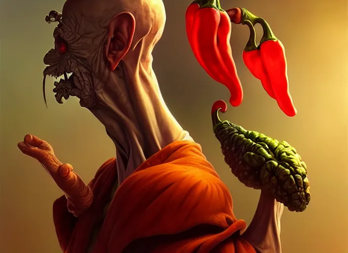 Image similar to anthropomorphic pepper doctor, diffuse lighting, fantasy, hospital background, intricate, elegant, highly detailed, lifelike, photorealistic, digital painting, artstation, illustration, concept art, smooth, sharp focus, art by frank frazetta and marco bucci and loish and rossdraws and artgerm and alphonse mucha