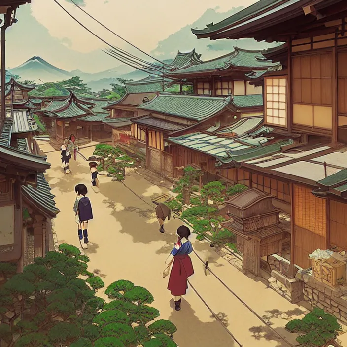 Image similar to japanese rural town, spring, in the style of studio ghibli, j. c. leyendecker, greg rutkowski, artem