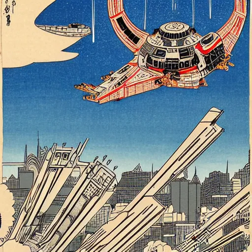 Image similar to millennium falcon attacking new york in the style of ukiyo - e