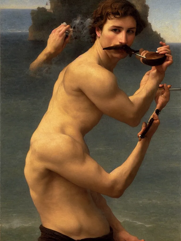 Prompt: long shot portrait of one young handsome danish man with mustache and muscles smoking a pipe in the sea, by bouguereau and by andrey remnev