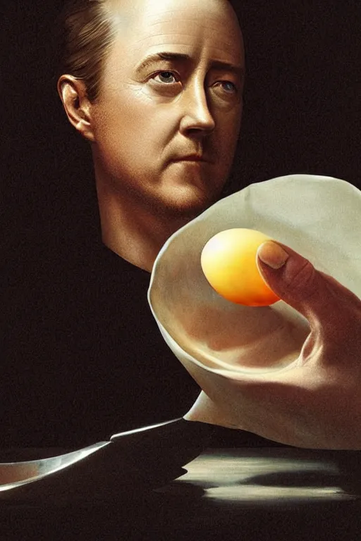 Prompt: a boiled egg with the shell peeling off with edward norton's face inside, highly detailed, dramatic lighting, concept art by caravaggio and greg rutkowski and artgerm