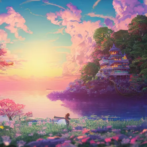 Image similar to the aesthetic view of the beautiful, grand, wistful, dreamy lonely island at dusk, hyperrealistic anime illustration by iralki nadar, colorful, extremely detailed, intricate linework, super sharp focus, bright colors, octopath traveler, studio ghibli, unreal engine 5 highly rendered, global illumination, radiant light, detailed and intricate environment