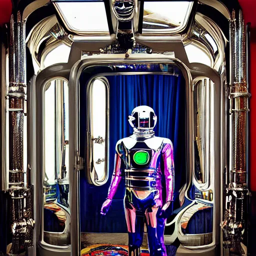 Image similar to architectural digest portrait photo, inside a futuristic ornate rococo bedroom made out of shiny reflective chrome and rubber and exotic woods, huge window showing a distant colorful planet, futuristic android with limbs made out of stretchy rubber tubing and latex mixed with shiny chrome gauntlets and chest piece and mask