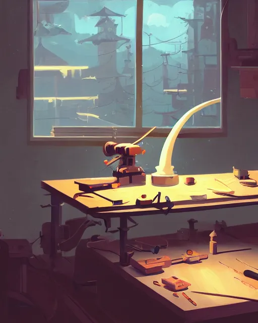 Image similar to tools on working table at woodworker shop, detailed, cory loftis, james gilleard, atey ghailan, makoto shinkai, goro fujita, studio ghibli, rim light, exquisite lighting, clear focus, very coherent, plain background, soft painting