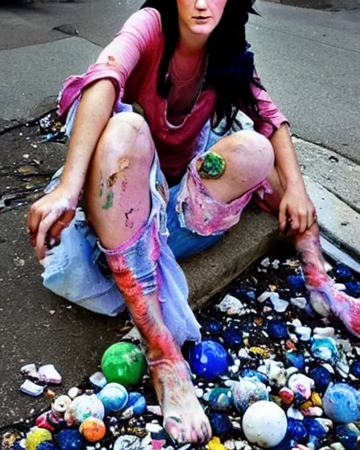 Prompt: Candid photo of homeless Katy Perry in tattered rags sitting in a pile of discarded marbles