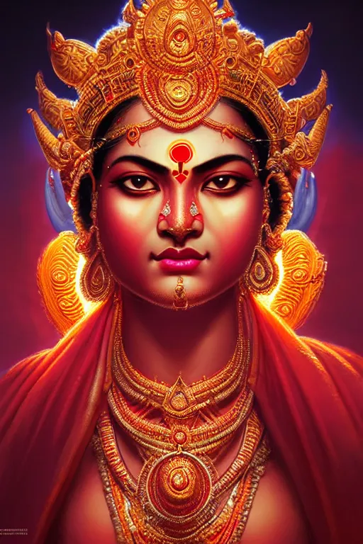 Prompt: hindu goddess, durga, red skin, empress, powerful, portrait, majestic, close - up profile, traditional hindu deity, accurate anatomy, pretty face, studio lighting, intricate details, realistic by wlop and ross tran and greg rutkowski, colorful, asura