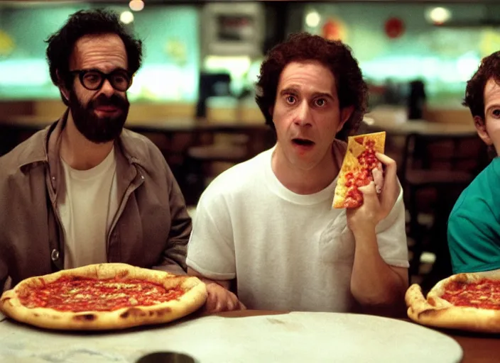 Image similar to portrait of charlie kaufman eating pizza at chuck - e - cheese, with felipe dieppa, and with vince peone, dramatic lighting, moody film still from being john malkovich ( 2 0 0 1 ), 3 5 mm kodak color stock, 2 4 mm lens, directed by spike jonze, ecktochrome