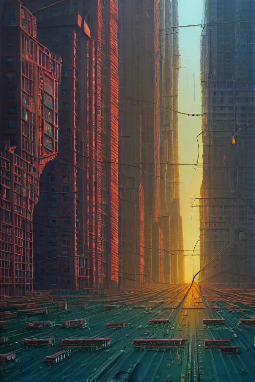 Image similar to downtown new york city in a redwood solar punk vision, oil on canvas by klaus burgle, simon stalenhag, ultra - realistic 3 d depth shading