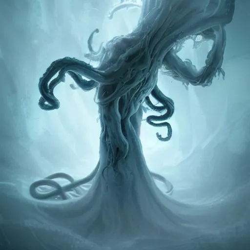 Image similar to concept designs for an ethereal ghostly wraith like figure made from wispy deep billowing smoke with a squid like parasite latched onto its head and long tentacle arms that flow lazily but gracefully at its sides like a cloak while it floats around a frozen rocky tundra in the snow searching for lost souls and that hides amongst the shadows in the trees, this character has hydrokinesis and electrokinesis for the resident evil village video game franchise with inspiration from the franchise Bloodborne and the mind flayer from stranger things on netflix in the style of a marvel comic