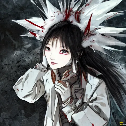 Prompt: cute japanese girl with small horns, sharp and pointy vampire teeth, dressed in an old white coat, praying on the floor of a destroyed church, with her eyes and mouth closed and an evil smile, full body, detailed artwork by Yoji Shinkawa