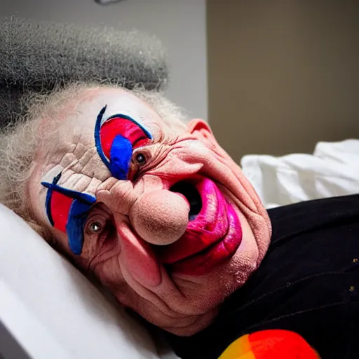 Image similar to crazy elderly clown supine in hospital bed, strapped into bed with restraints, trying to get out but unsuccessful, photograph, 8 k