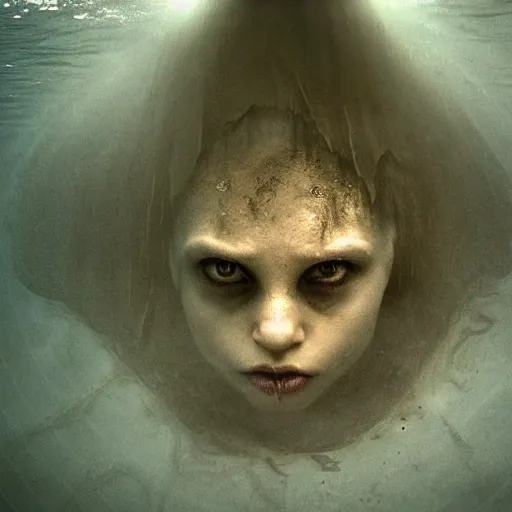 Prompt: sea monster about to eat pov underwater, visceral, unholy abomination, half submerged below eyes, pale skin, dark yellowish water, foggy water, dark, dramatic,'silent hill ', big eyes, alluring and terrifying, cinematic