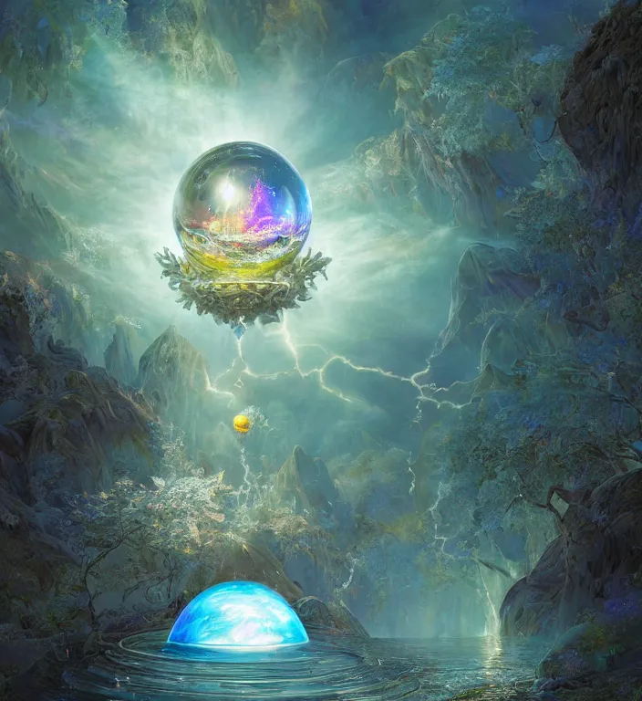 Prompt: a magical and exquisite fantasy illustration of an intricate and faceted crystal ball with a world inside of it + in water + prism + god rays + dramatic lightning + backlit + specular highlights + ambient occlusion + global illumination + bump map + reflective + caustics + refractive + unreal engine 5 + DOF + sharp focus, digital artwork by Peter Mohrbacher and Greg Rutkowski