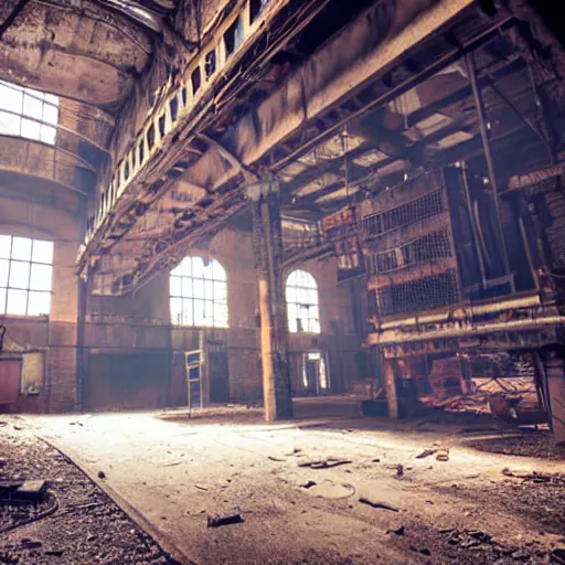 Image similar to abandoned steampunk factory with a synthesizer , cinematic light,