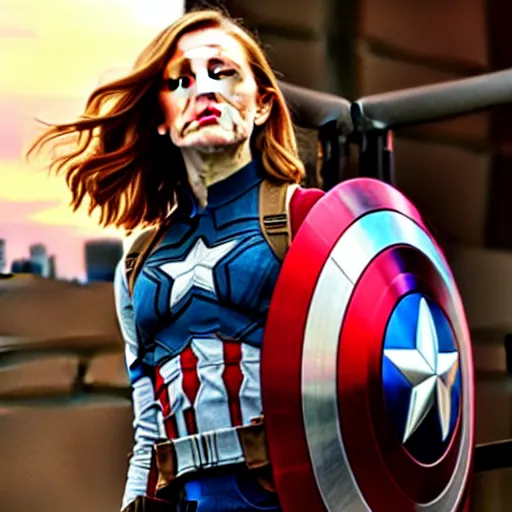 Prompt: Emma Stone as captain America with avengers