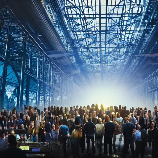 Prompt: crane shot of large group people in open warehouse, looking at hologram of futuristic city on a table, cinematic concept, godrays, golden hour, natural sunlight, 4 k, clear details, tabletop model buildings, tabletop model, ethereal hologram center, crane shot, crane shot, rule of thirds, people, people, award winning