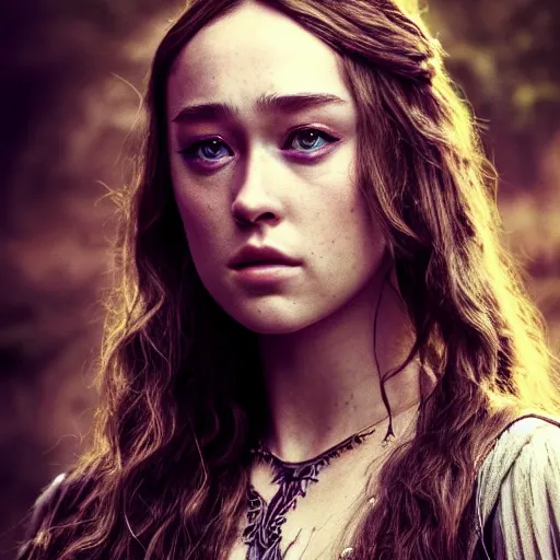 Prompt: a portrait of a alycia debnam carey as a priestess ,Grim fantasy, D&D, HDR, natural light, shoulder level shot, dynamic pose, award winning photograph, Mucha style 4k,