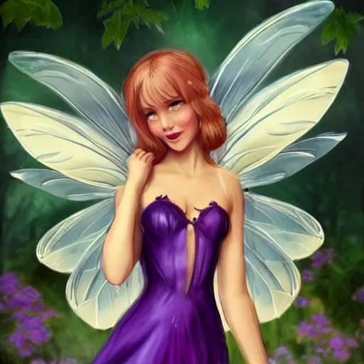 Image similar to very very very beautiful tiny fairy woman in her 20s with fairy wings wearing skintight purple dress, making eye contact, smiling, flirty, perfect body, perfect face, drawn by charles bowater