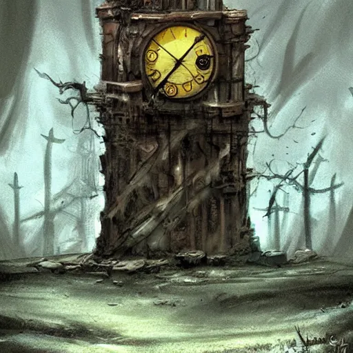Prompt: an abandoned old,rusty, claimed by nature clock tower in a dark enormous cave, painting, illustration, Concept art, art station, DeviantArt