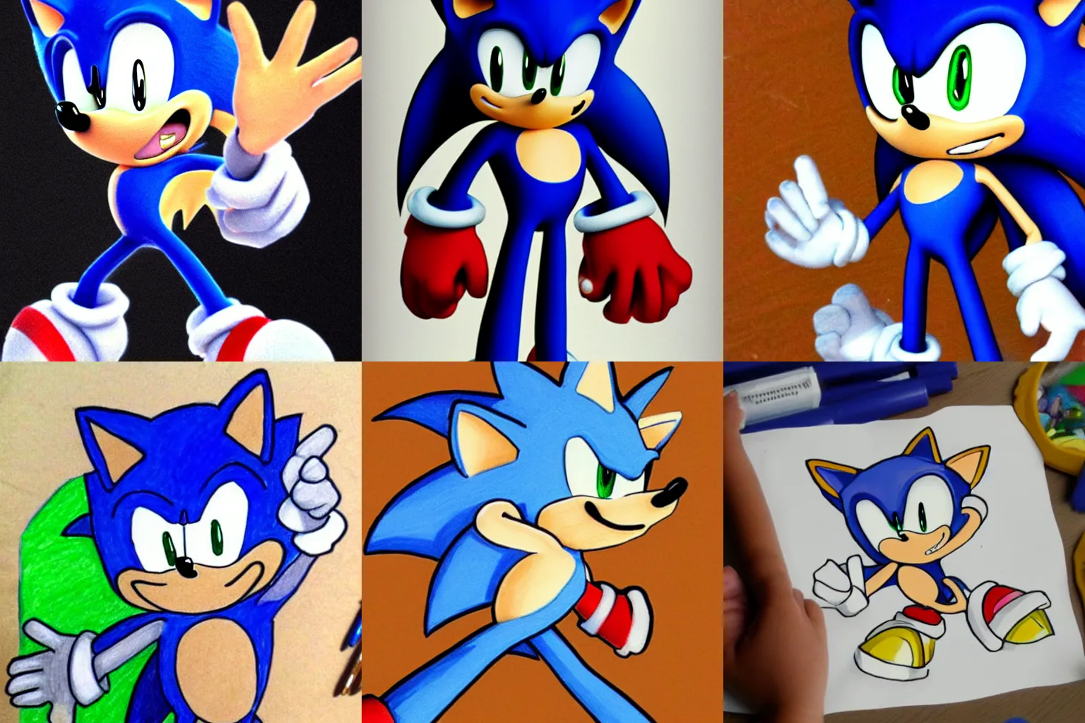 Prompt: a kids drawing of sonic the hedgehog